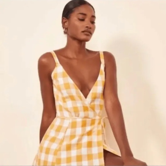 Reformation Beverly Linen Wrap Dress Yellow White Check, Size XS, Deep V Neck 💛 - Picture 4 of 12